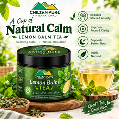 ChiltanPure Lemon Balm Tea jar with herbal tea cup and lemon balm