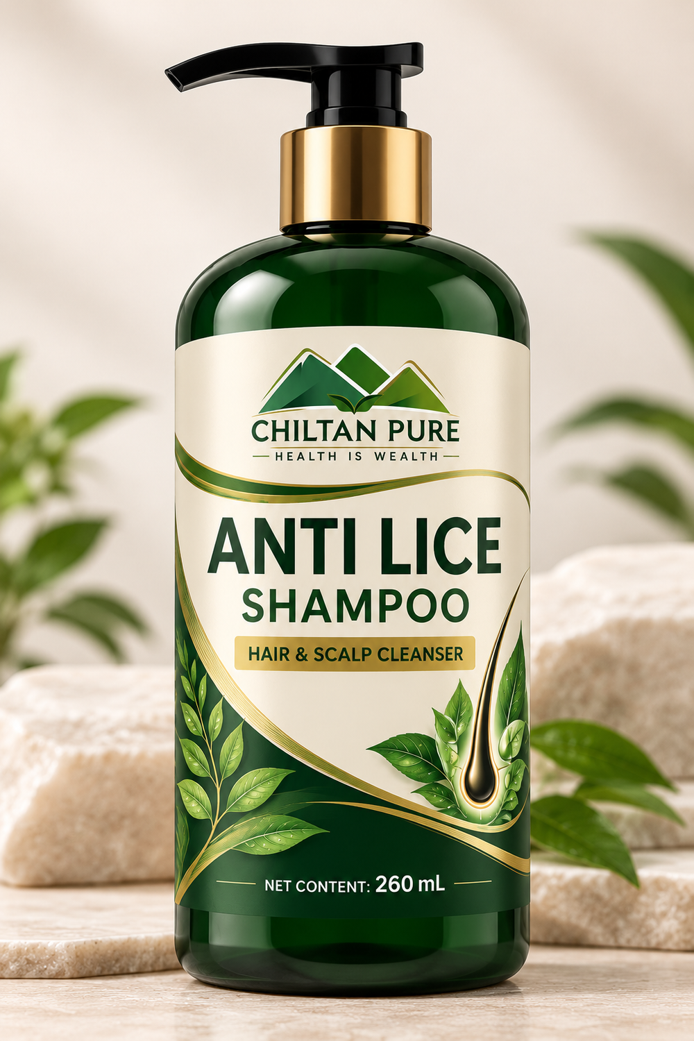 CHILTAN PURE Anti Lice Shampoo 260 mL bottle concept with cream, green and gold label