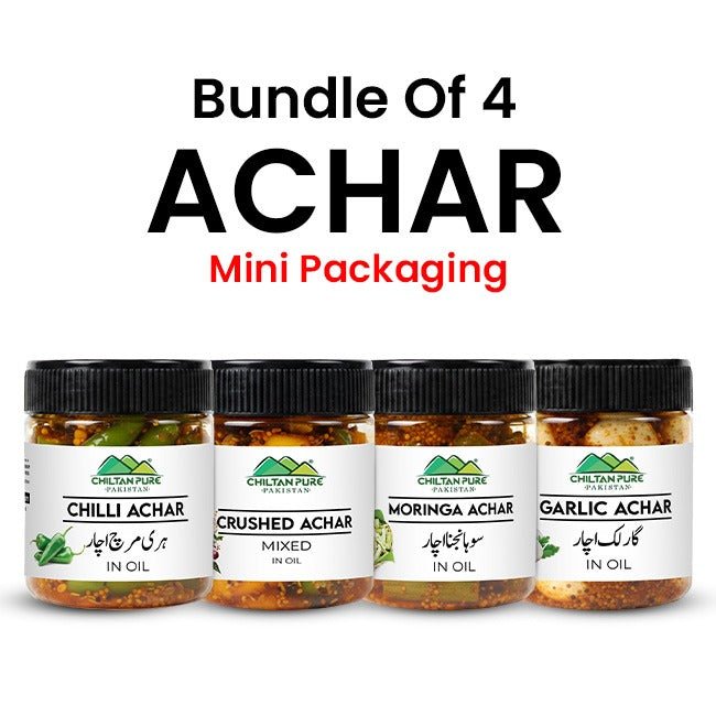Bundle Of 4 Achar Mini Packaging / Chilli Achar / Moringa Achar / Crushed Achar / Garlic Achar - ChiltanPure