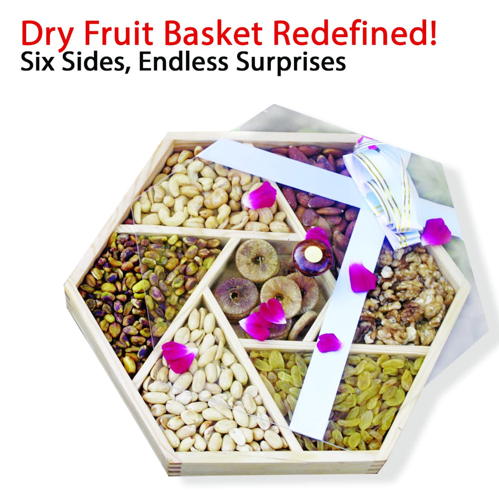 Hexagonal - Shaped Dry Fruits Basket with Seven Sections - Almonds , Cashews , Pistachios, Peeled Peanuts , Walnuts , Mixed Nuts , and Golden Raisins - A Nutty Delight Share with your Family - ChiltanPure