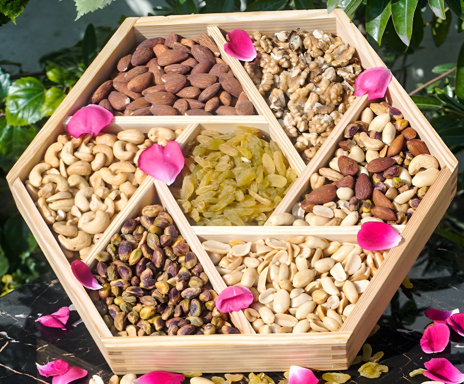 Hexagonal - Shaped Dry Fruits Basket with Seven Sections - Almonds , Cashews , Pistachios, Peeled Peanuts , Walnuts , Mixed Nuts , and Golden Raisins - A Nutty Delight Share with your Family - ChiltanPure
