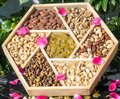 Hexagonal - Shaped Dry Fruits Basket with Seven Sections - Almonds , Cashews , Pistachios, Peeled Peanuts , Walnuts , Mixed Nuts , and Golden Raisins - A Nutty Delight Share with your Family - ChiltanPure