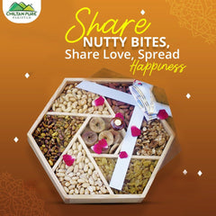 Hexagonal - Shaped Dry Fruits Wooden Box with Seven Sections - Almonds , Cashews , Pistachios, Peeled Peanuts , Walnuts , Mixed Nuts , and Golden Raisins - A Nutty Delight Share with your Family - ChiltanPure