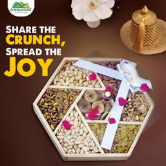 Hexagonal - Shaped Dry Fruits Wooden Box with Seven Sections - Almonds , Cashews , Pistachios, Peeled Peanuts , Walnuts , Mixed Nuts , and Golden Raisins - A Nutty Delight Share with your Family - ChiltanPure