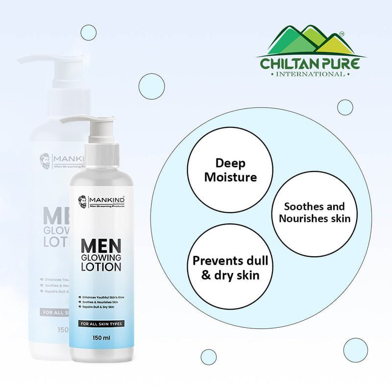 Men Glowing Lotion – Soothes & Nourishes Skin, Boosts Skin Elasticity, Enhances Youthful Skin’s Glow, Repairs Dull & Dry Skin 150ml - ChiltanPure