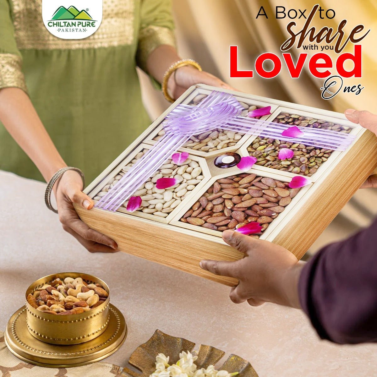 Square - Shaped Dry Fruits Wooden Box - with Almonds , Pistachios , Cashews , and Peeled Peanuts - Nutty Treat to Share Love with Loved Ones - ChiltanPure