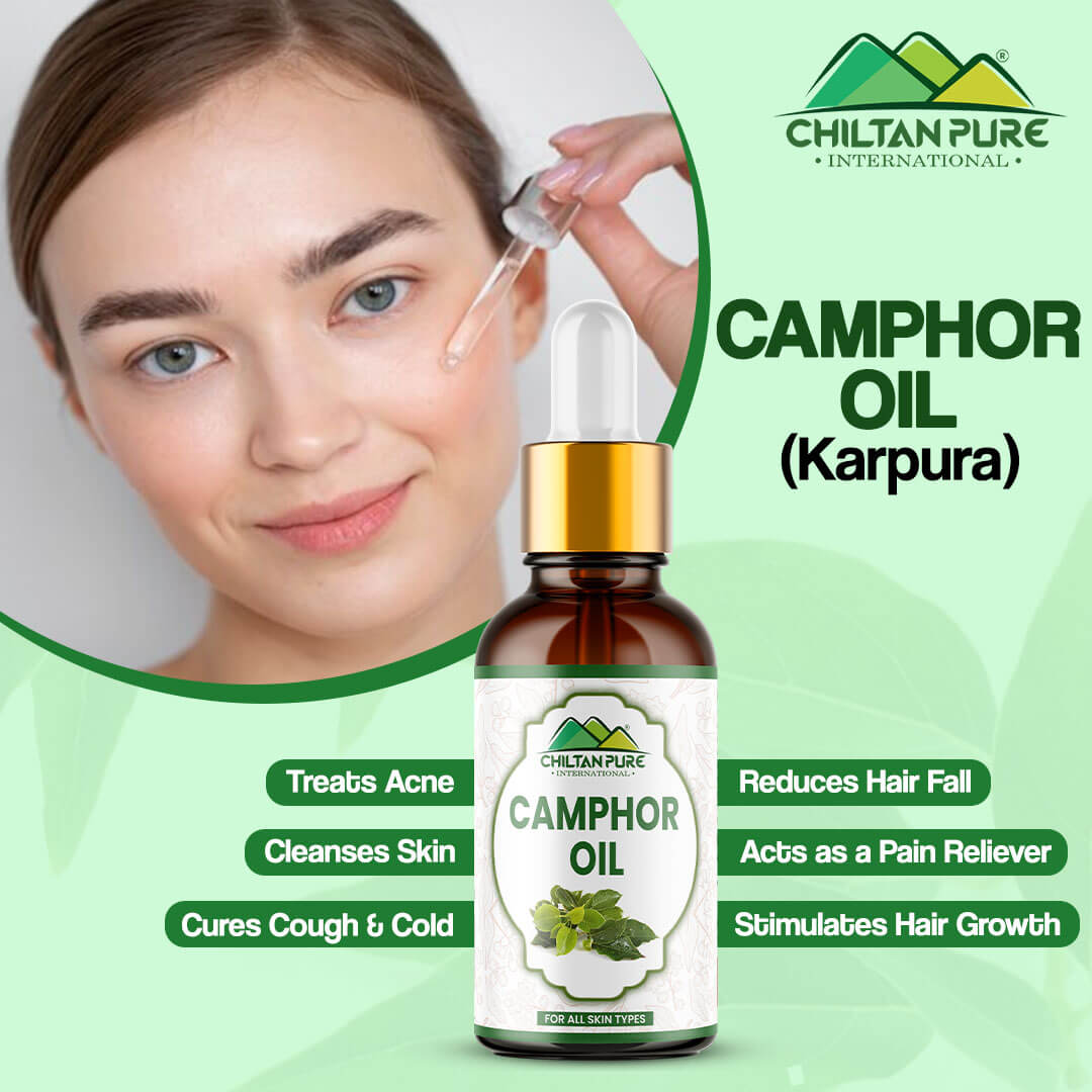 Camphor Oil (Karpura) - Treats Acne, Cleanses Skin, Stimulates Hair Growth, Best for Lice Prevention, Relieves Respiratory Congestion, Acts as a Pain Reliever & Ideal for Aromatherapy - ChiltanPure