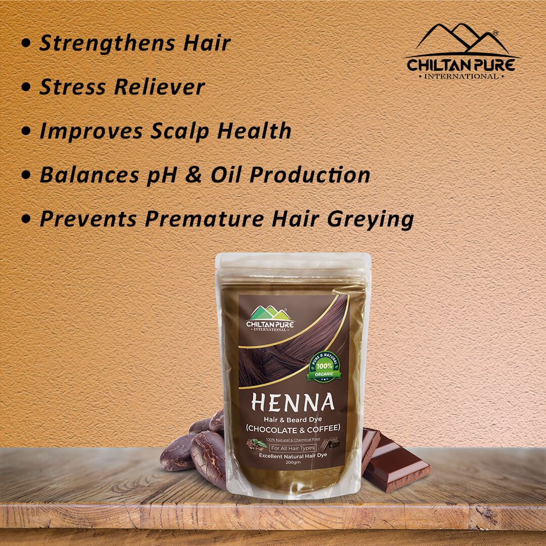 Henna Hair and Beard Dye (Chocolate & Coffee) – Prevents Premature Hair Greying, Improves Scalp Health, Balances pH & Oil Production 200gm - ChiltanPure