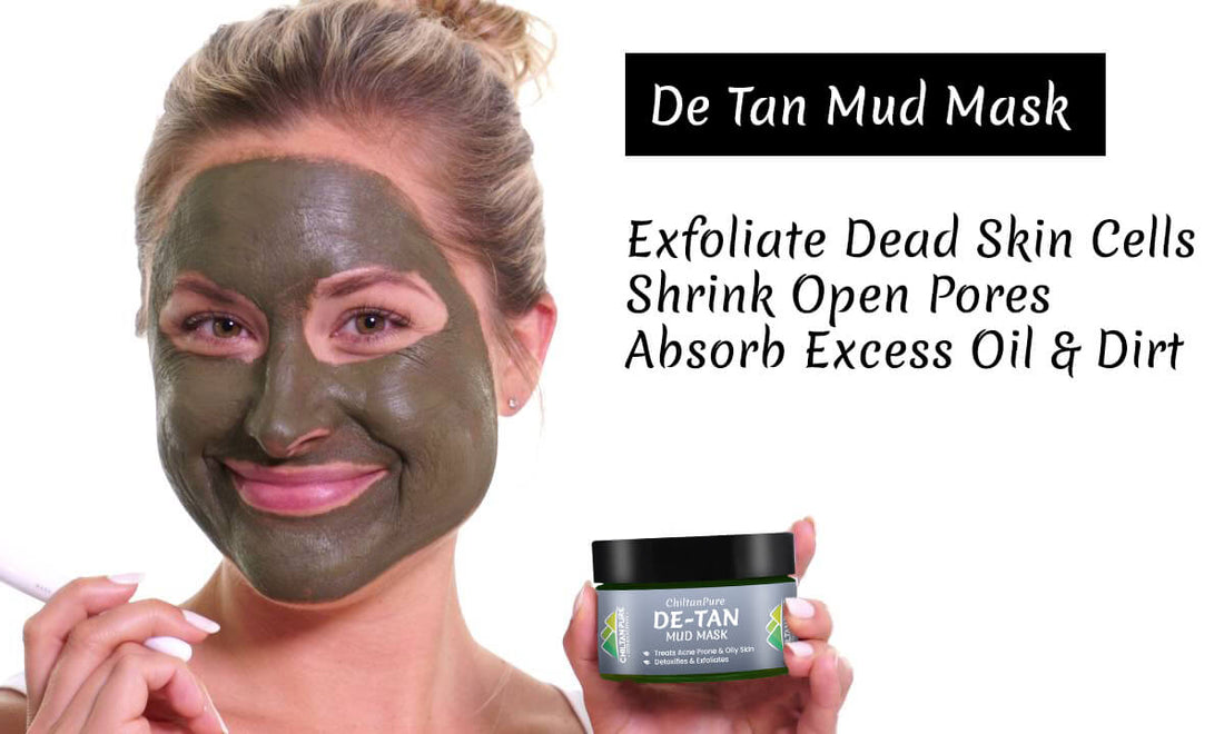 De-Tan Mud Mask - Exfoliate Dead Skin Cells, Shrink Open Pores, Absorb Excess Oil &amp; Dirt - ChiltanPure