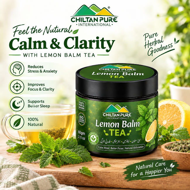 ChiltanPure Lemon Balm Tea with lemon and fresh herbal leaves