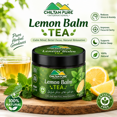 ChiltanPure Lemon Balm Tea 60g with fresh lemon balm leaves and tea cup