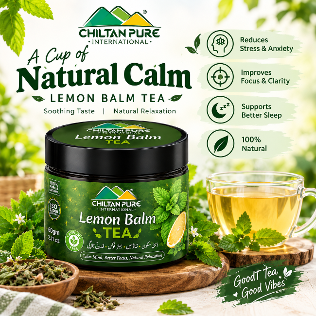 ChiltanPure Lemon Balm Tea jar with herbal tea cup and lemon balm