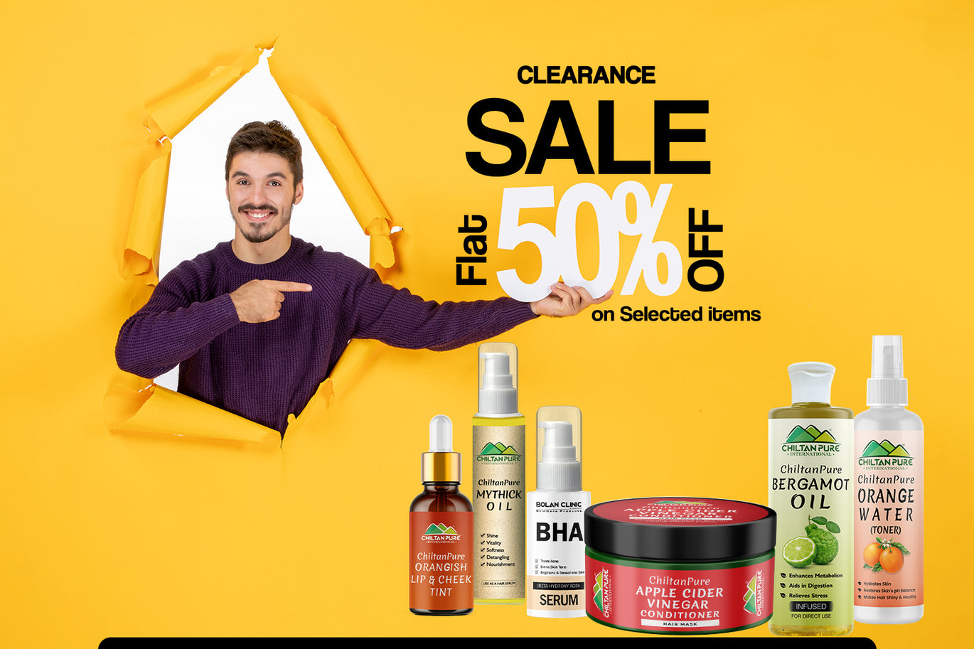 Promotional image showing products including bergamot oil in a clearance sale