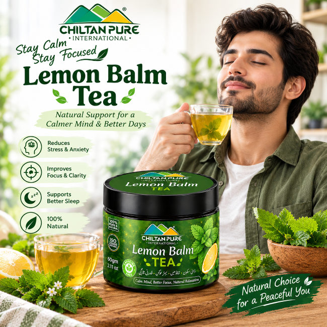 Man enjoying ChiltanPure Lemon Balm Tea with fresh lemon balm leaves