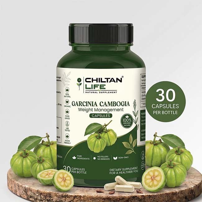 Chiltan Life Garcinia Cambogia weight management supplement bottle, displayed on a wooden slice with fresh green Garcinia fruits and capsules. A green circular badge on the right reads '30 CAPSULES PER BOTTLE'.