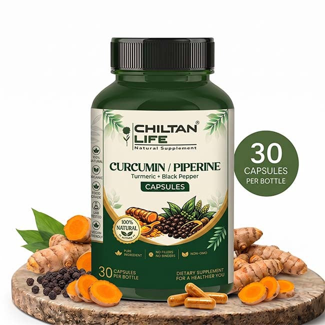 A bottle of Chiltan Life Curcumin / Piperine dietary supplement, displayed on a rustic wooden slice with turmeric roots, turmeric slices, and black peppercorns. A green circular badge on the right indicates '30 CAPSULES PER BOTTLE'.