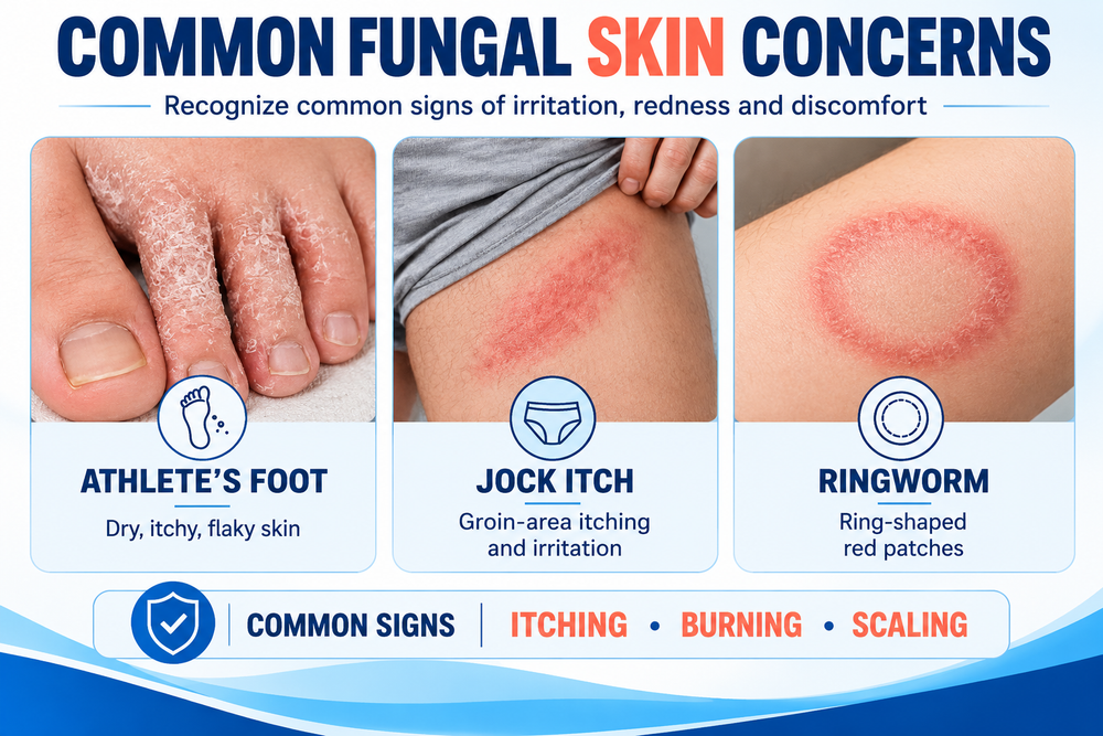 HD educational infographic showing common fungal skin concerns: athlete's foot, jock itch and ringworm