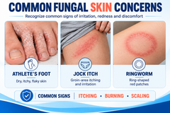 HD educational infographic showing common fungal skin concerns: athlete's foot, jock itch and ringworm