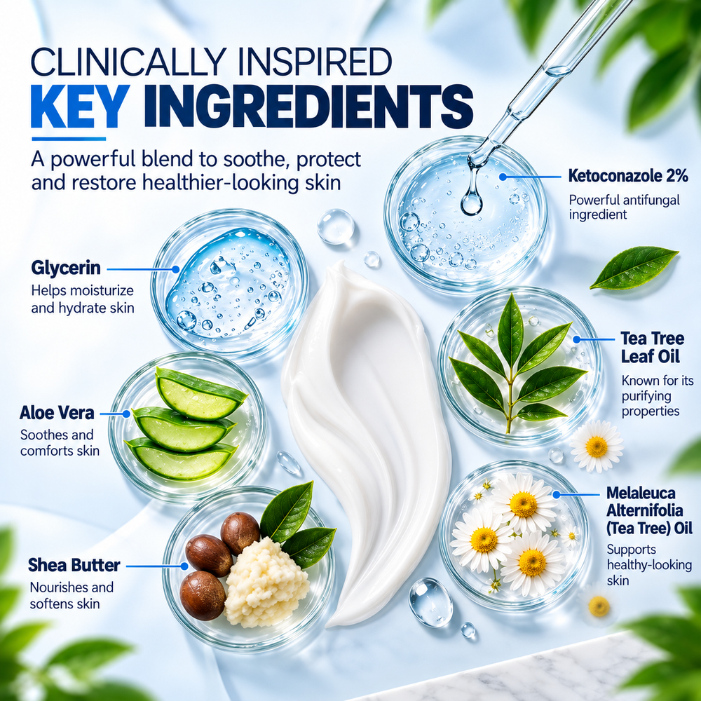 Bolan Clinic Ketoconazole Cream 2% key ingredients infographic showing ketoconazole 2%, glycerin, aloe vera, shea butter and tea tree oil