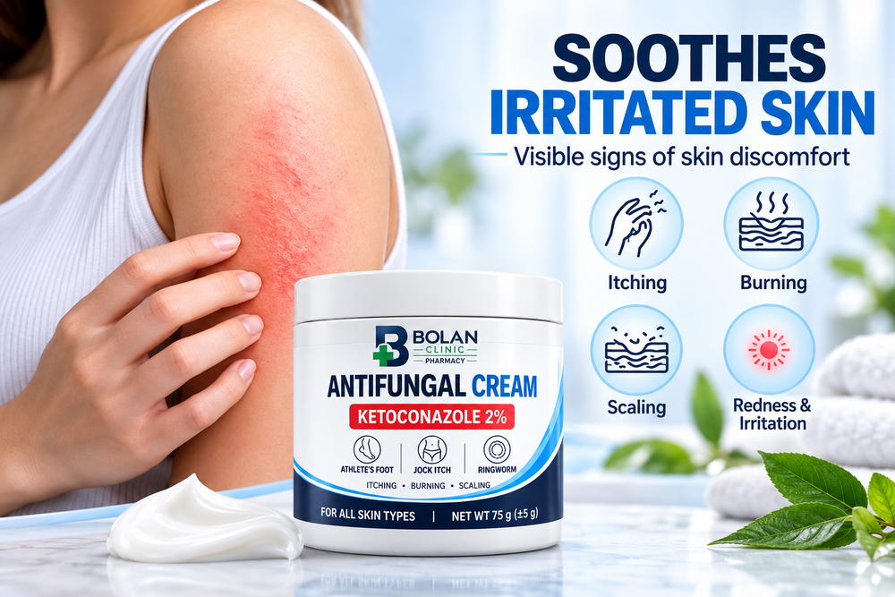 HD Bolan Clinic Ketoconazole Cream 2% product infographic showing common skin discomfort symptoms