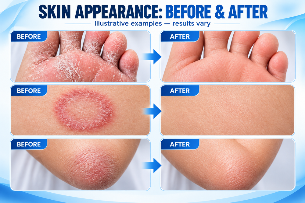 HD illustrative skin appearance comparison infographic for Bolan Clinic Ketoconazole Cream; results vary