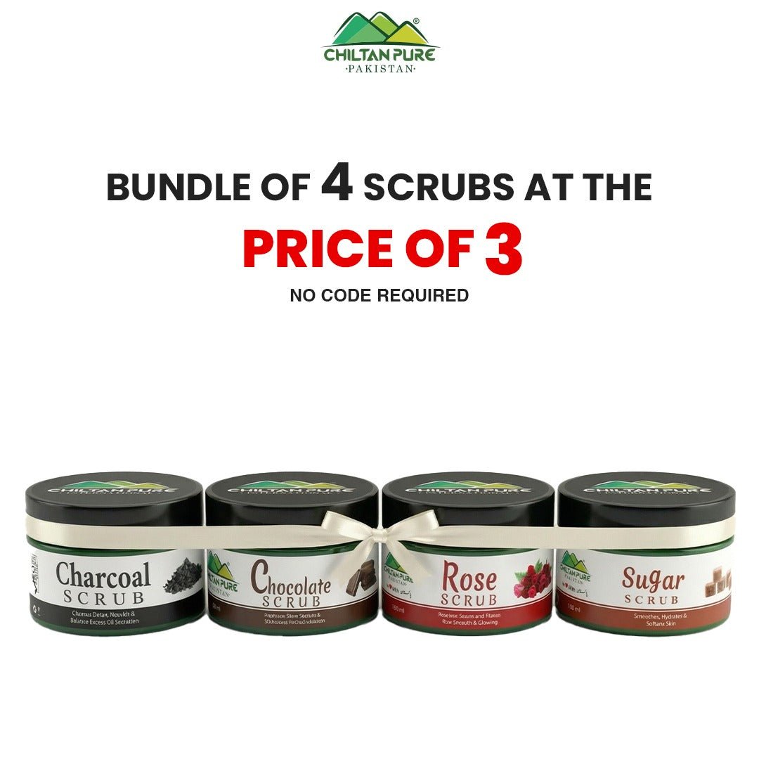 Bundle Of 4 Scrubs At The Price Of 3 / Charcoal Scrub / Chocolate Scrub / Rose Scrub / Sugar Scrub - ChiltanPure