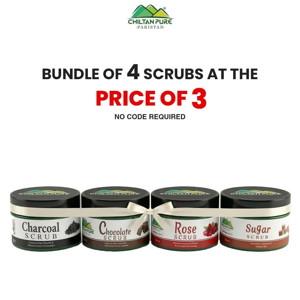 Bundle Of 4 Scrubs At The Price Of 3 / Charcoal Scrub / Chocolate Scrub / Rose Scrub / Sugar Scrub - ChiltanPure