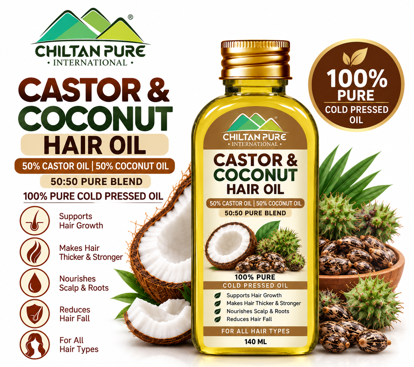 Chiltan Pure Castor and Coconut Hair Oil 140ml 50:50 pure blend