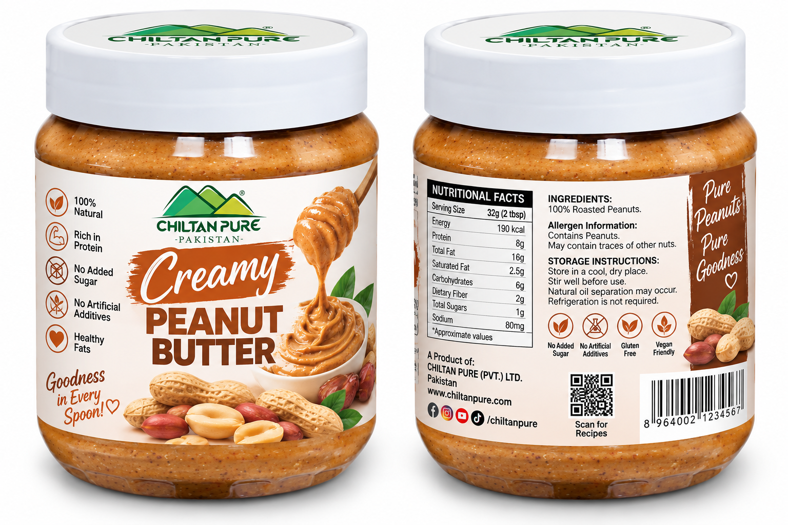 CHILTAN PURE Creamy Peanut Butter 360g front and back label mockup using the existing peanut butter jar