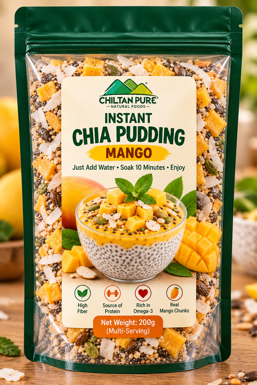 Instant Chia Pudding Mango 200g by Chiltan Pure – just add water and soak for 10 minutes