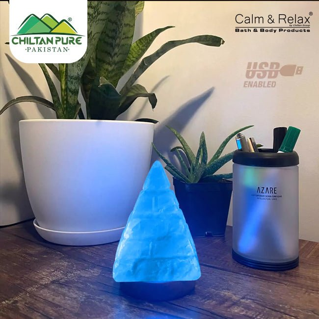 Lined Pyramid Shape USB Pink Salt Lamp with Multicolored LED Bulb - ChiltanPure