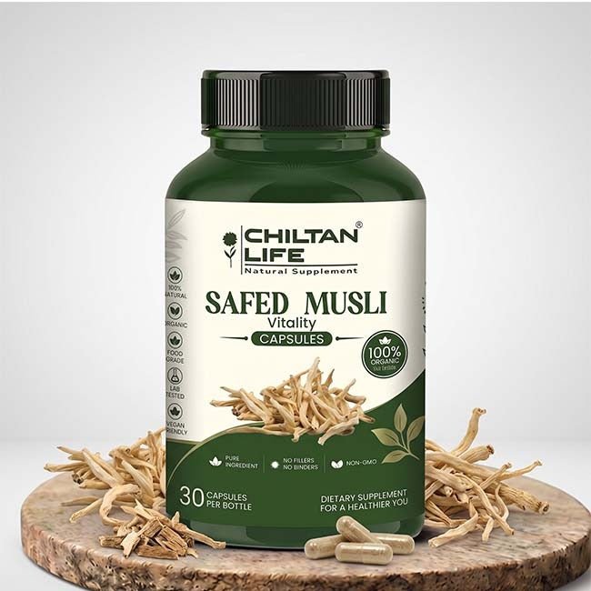 Safaid Musli Capsule 100% Natural Safed Musli Tablets 30 Per Bottle 500mg - ChiltanPure