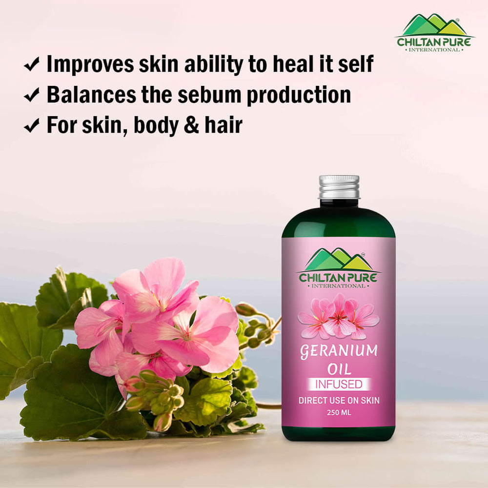 Geranium Oil – Relax with sweet aroma – Contains anti-bacterial & anti-microbial properties, Reduces acne breakouts, cure skin infections – pure organic [Infused] 250ml - ChiltanPure