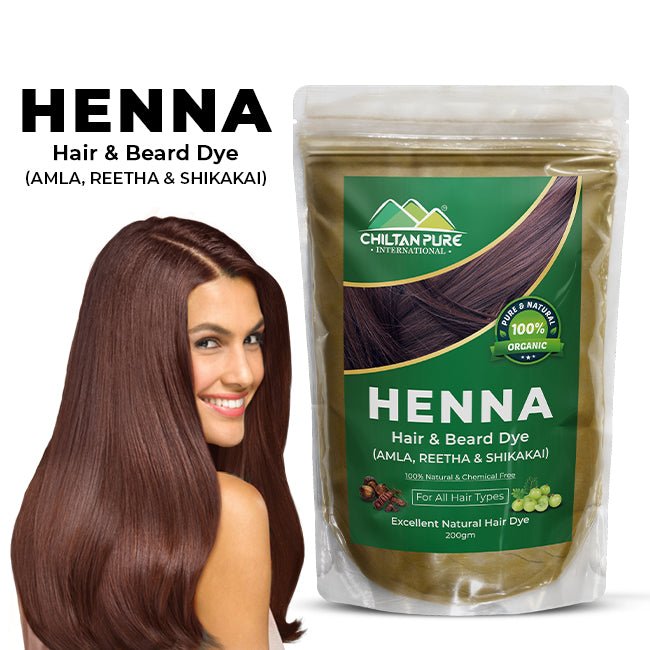 Henna Hair and Beard Dye (Amla, Retha, Shikakai) – Boosts Hair Growth, Prevents Dandruff, Makes Hair Strong & Shiny 200gm - ChiltanPure