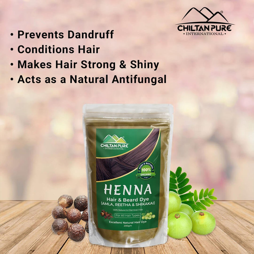 Henna Hair and Beard Dye (Amla, Retha, Shikakai) – Boosts Hair Growth, Prevents Dandruff, Makes Hair Strong & Shiny 200gm - ChiltanPure